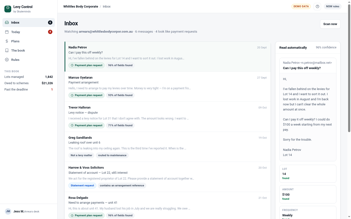 Inbox view showing payment plan requests read from email with lot, amount and frequency extracted